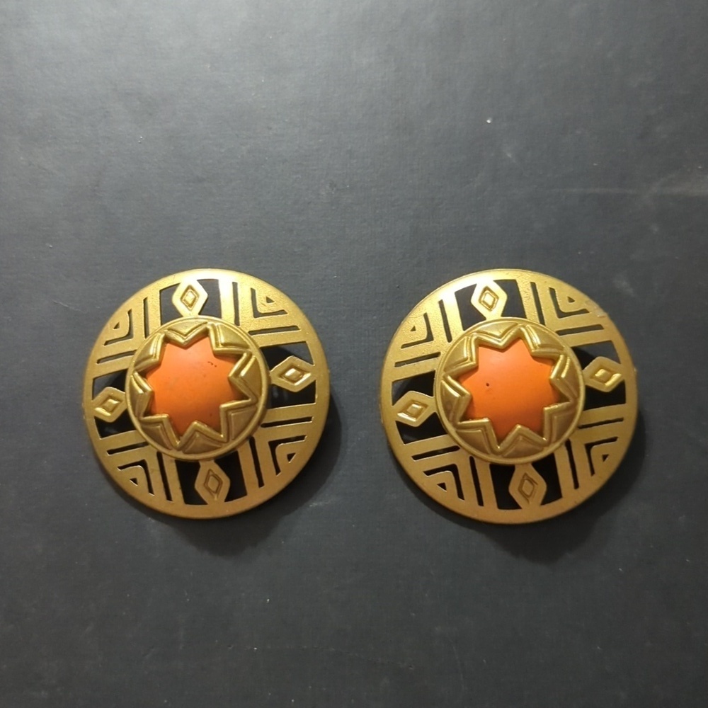 Vintage Gold Tone Orange Lightweight Clip On Statement Earrings